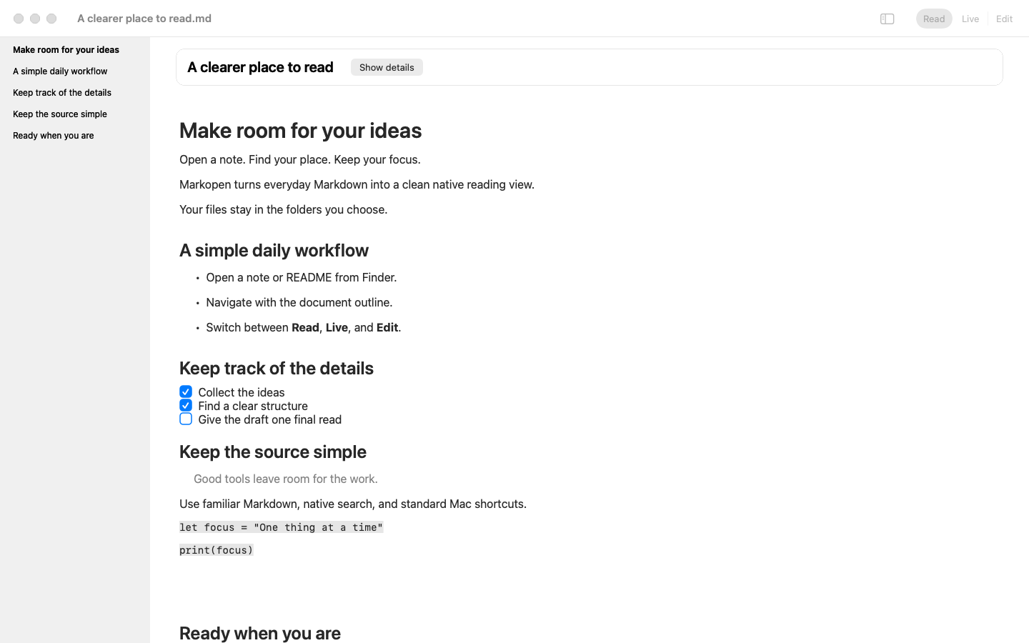 Markopen reading view with a document outline, frontmatter header, and Markdown task list